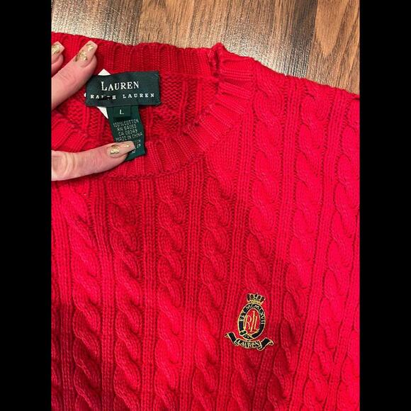 Lauren Ralph Lauren St. Lucia Red Cable Knit Crest Embroidered Sweater Women's L - Picture 5 of 5